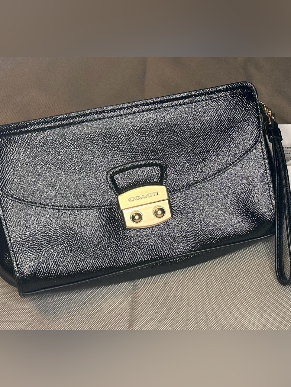 Coach Black Pebbled Leather Wristlet with Gold Hardware